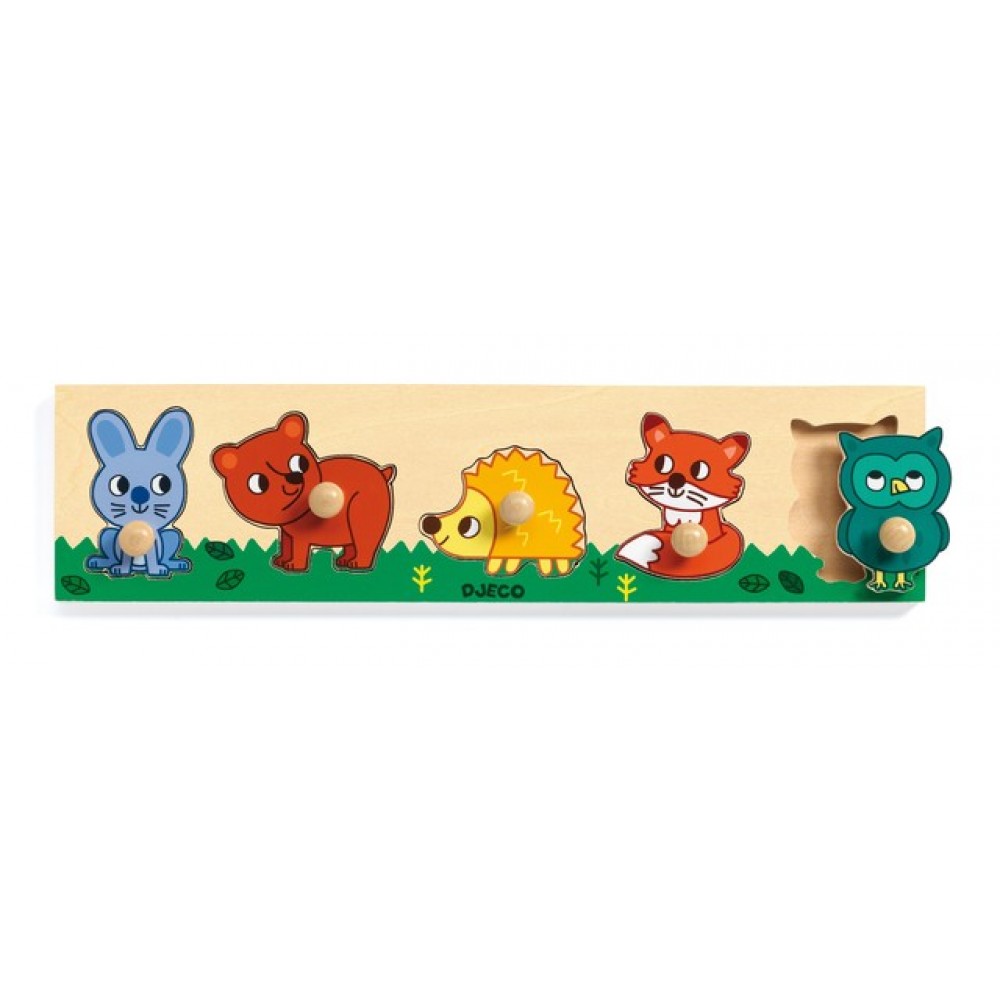 Puzzle lemn cu buton animale in padure Djeco